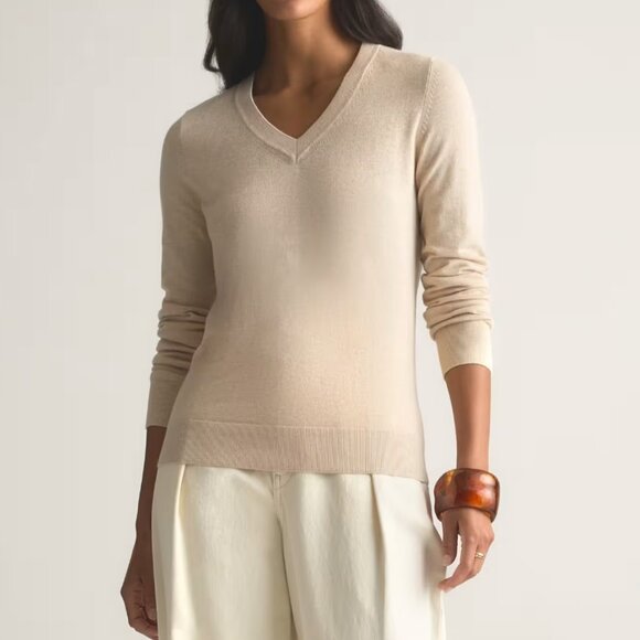 Quince Cotton Sweater cashmere v neck womens Beige (medium) classic lightweight - Picture 1 of 6